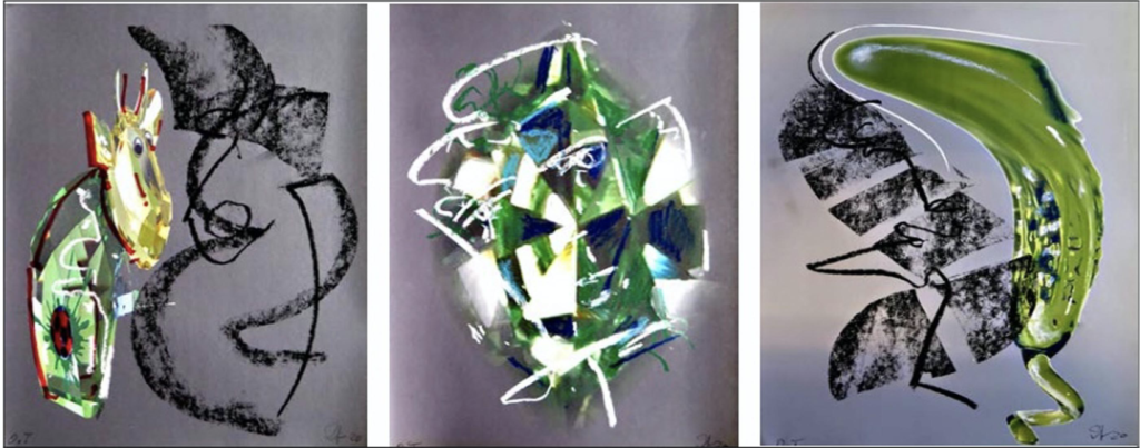 Vier abstrakte Gemälde mit grünen und schwarzen Farben bei einer Ausstellung und Veranstaltung in der Galerie N18.